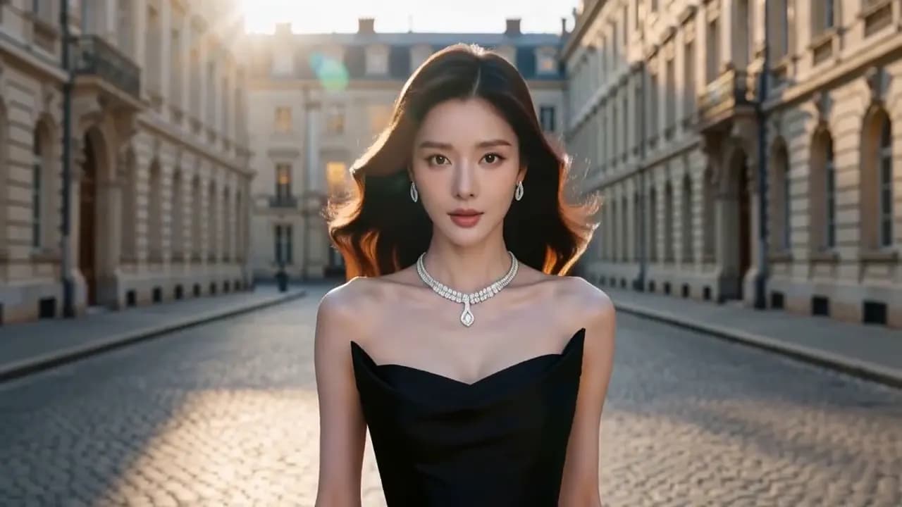 A woman in a black off-shoulder dress and a diamond necklace on a Paris street lined with limestone buildings