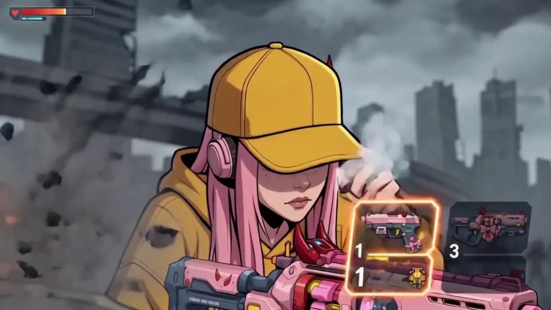 An anime game frame: a pink-haired character in a yellow cap firing a pink rifle in a ruined city