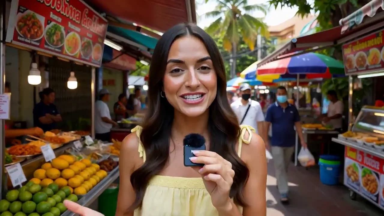 A woman holding a microphone to camera in a bright street market lined with fruit stalls