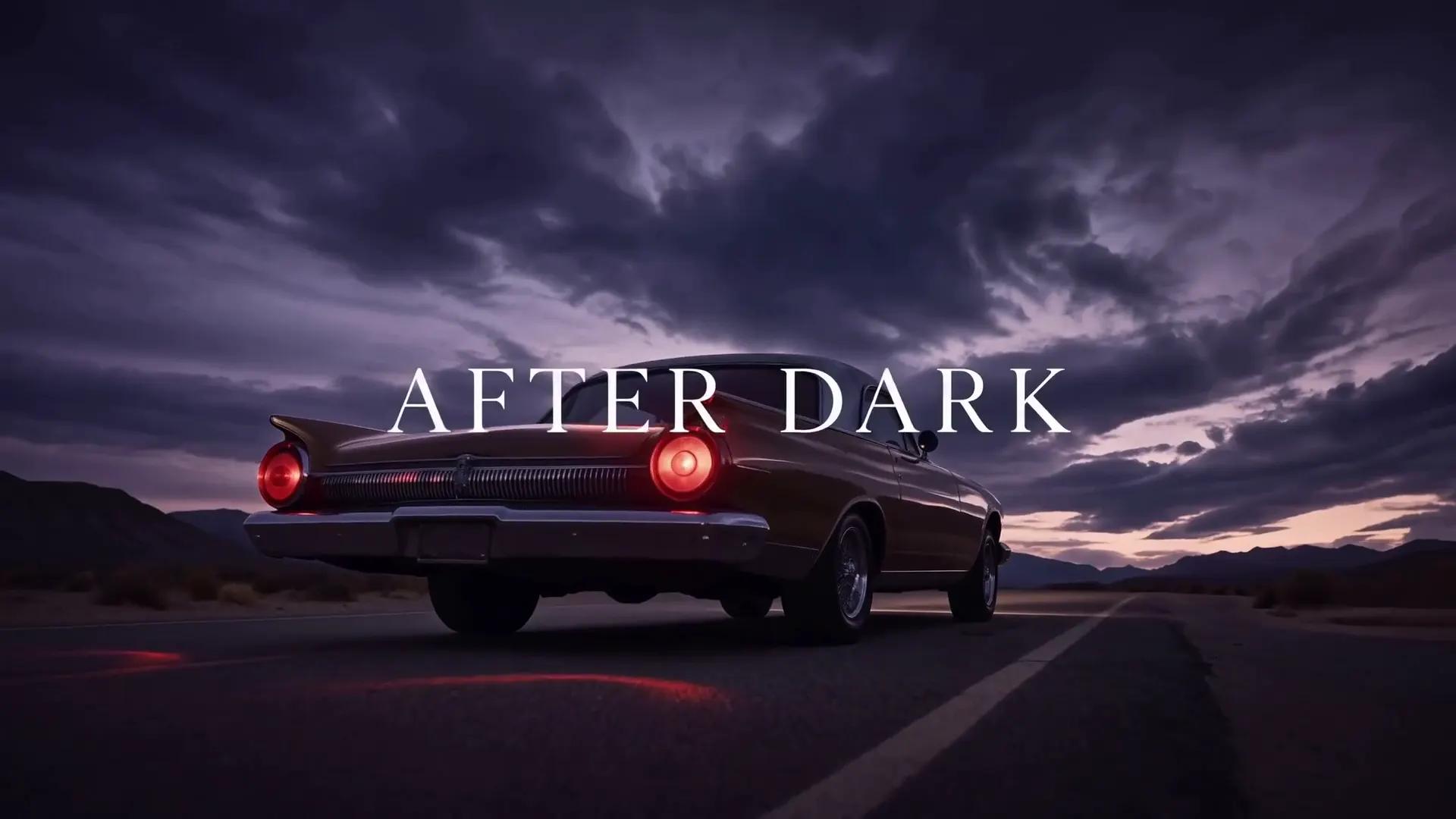 A muscle car on an empty highway at dusk under a bruised purple sky, the words AFTER DARK across the frame