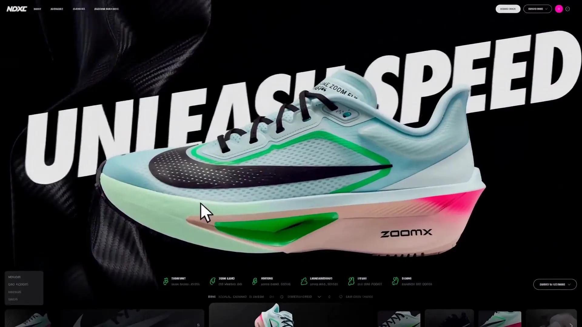 A dark product page for a green and white running shoe, the headline UNLEASH SPEED behind it