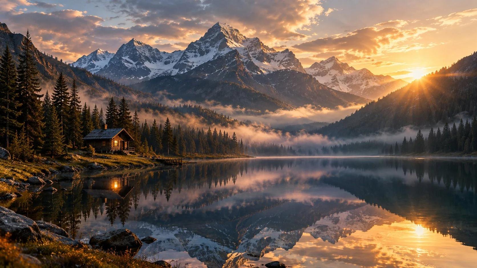 A cabin on a mirror-still lake at sunrise, mist sitting on the water