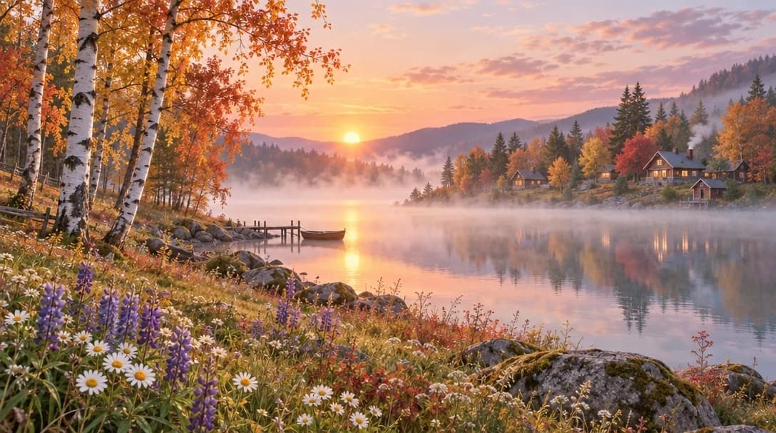 An autumn lake at sunrise, red and gold trees along the far shore