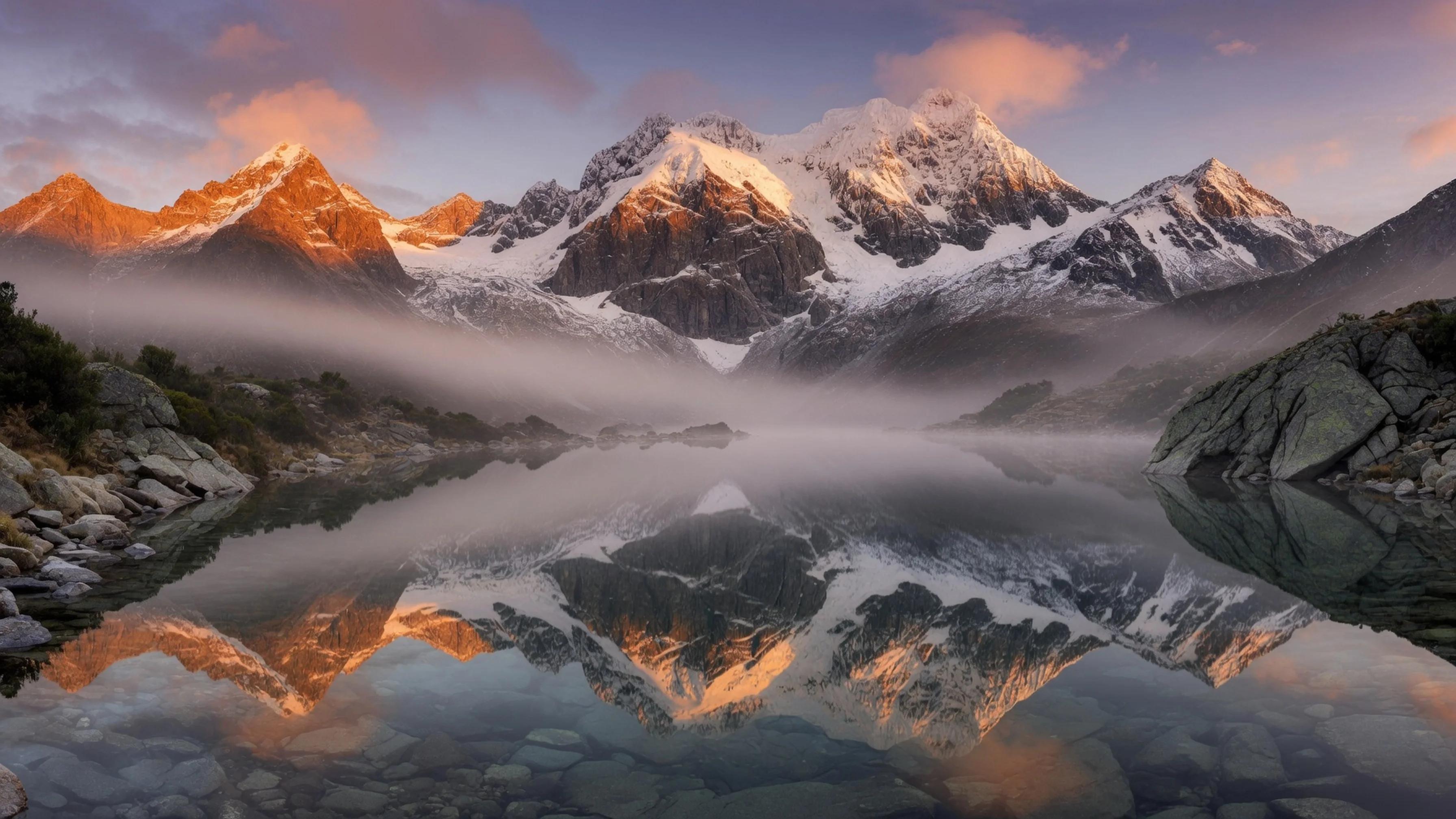 A still lake under alpenglow, the peaks behind it catching the last light