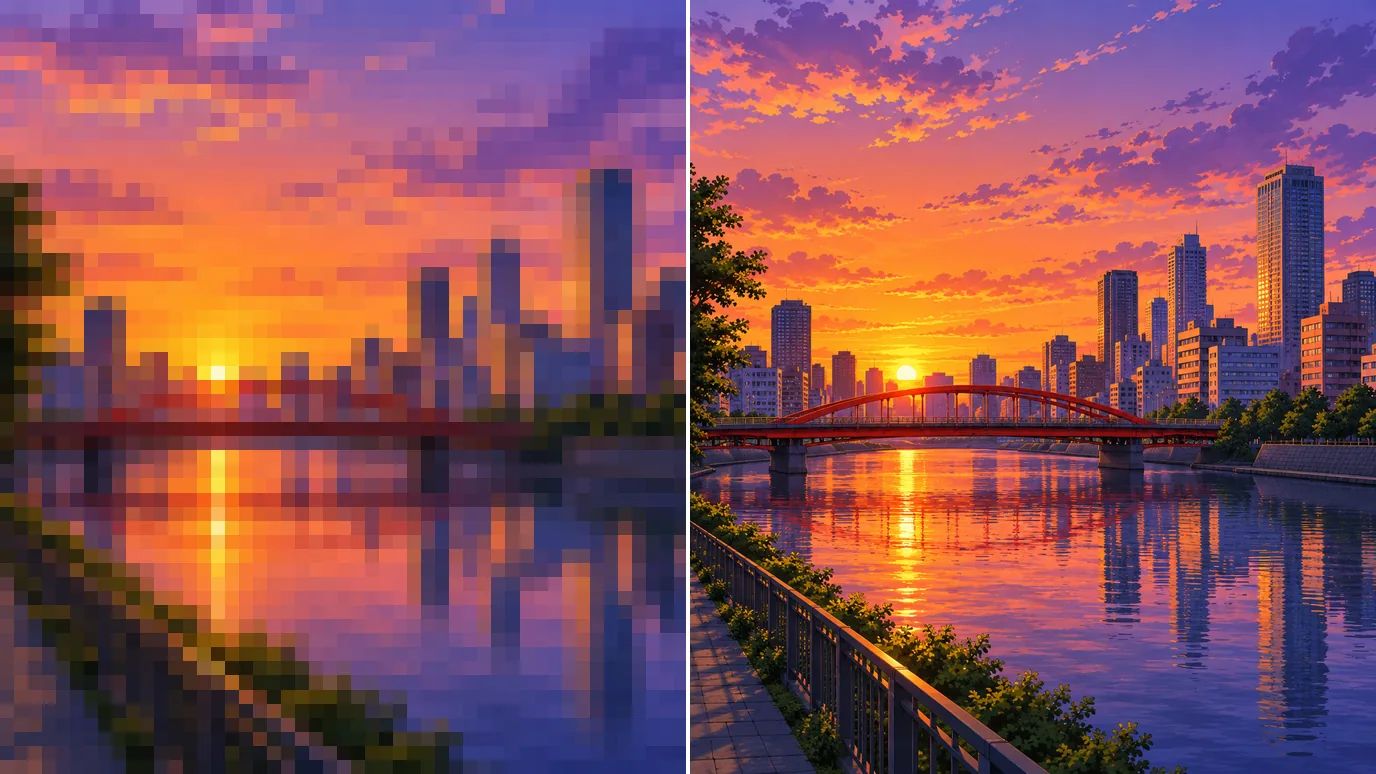 Before and after: a tiny, pixelated anime wallpaper of a city skyline at sunset, then the same wallpaper in 4K with sharp buildings and smooth sky gradients.