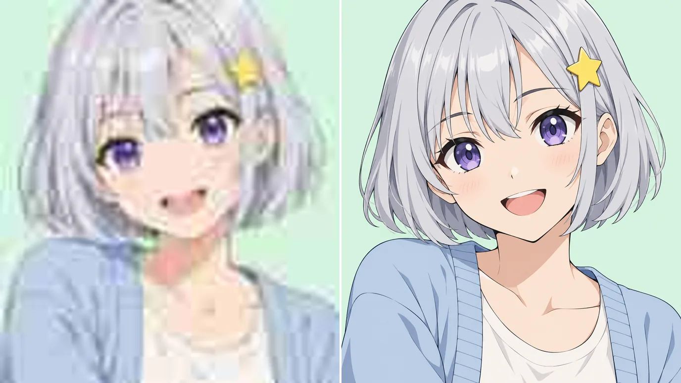Before and after: a soft anime close-up of a girl with teal twin tails, then the same face with crisp outlines, clean eye highlights and flat, even color.