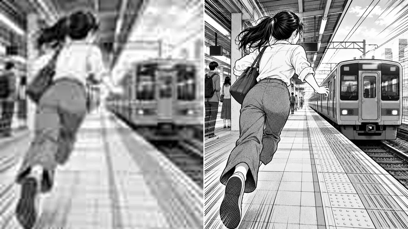 Before and after: a blurry black-and-white manga panel of a girl running for a train, then the same panel with sharp ink lines and clean screentones.