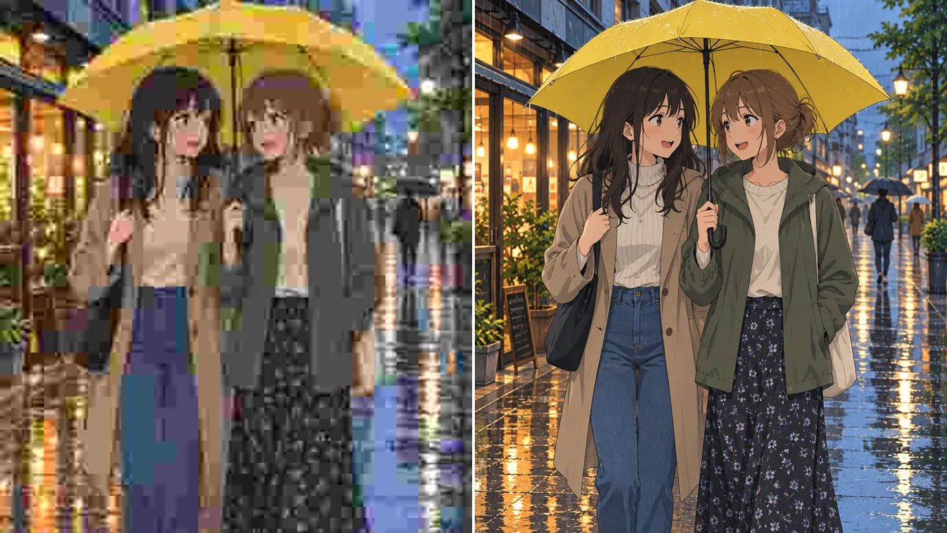 Before and after: a compressed, blocky anime screenshot of two girls sharing an umbrella in the rain, then the same frame clean and sharp.