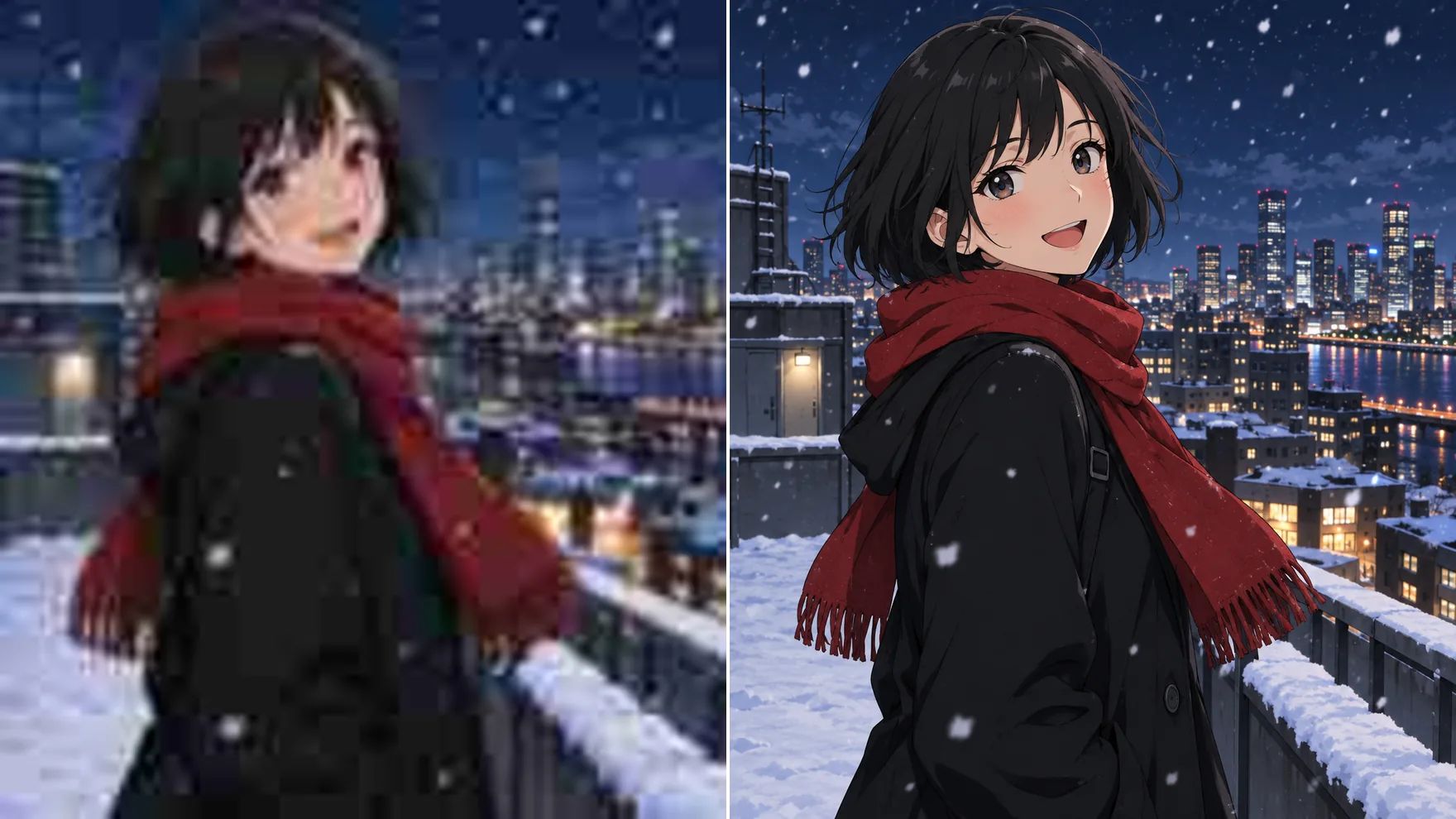 Before and after: a small, blurry anime illustration of a girl in a red scarf on a snowy rooftop at night, then the same art in HD with clean lines and crisp colors.