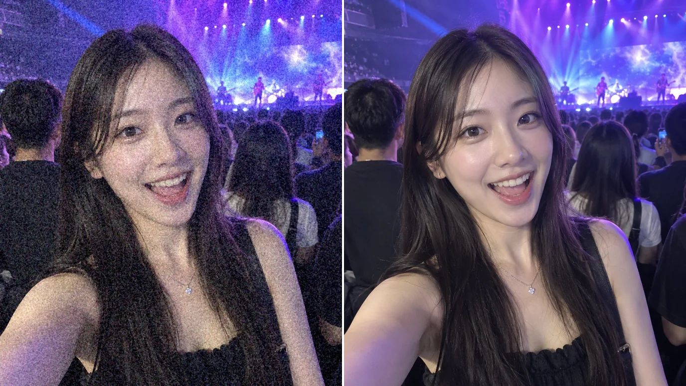 Før og efter: en mørk, støjfyldt selfie af en ung østasiatisk kvinde til en koncert, og derefter samme selfie ren med et klart ansigt og scenelys bagved.