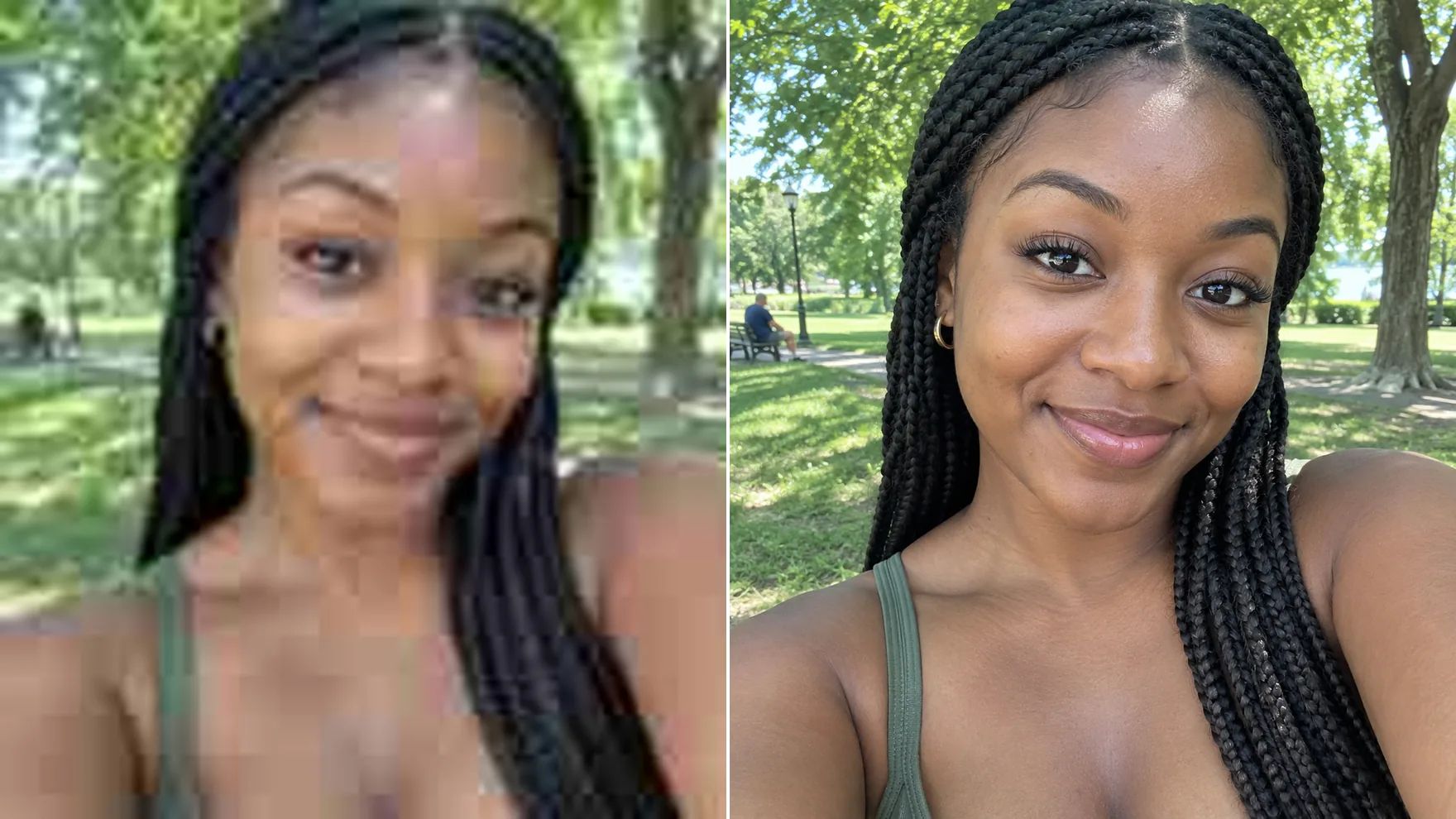 Før og efter: en sløret selfie i lav opløsning af en ung sort kvinde, der smiler i en park, og derefter samme selfie med klare øjne, tydelige vipper og naturlig hudtekstur.
