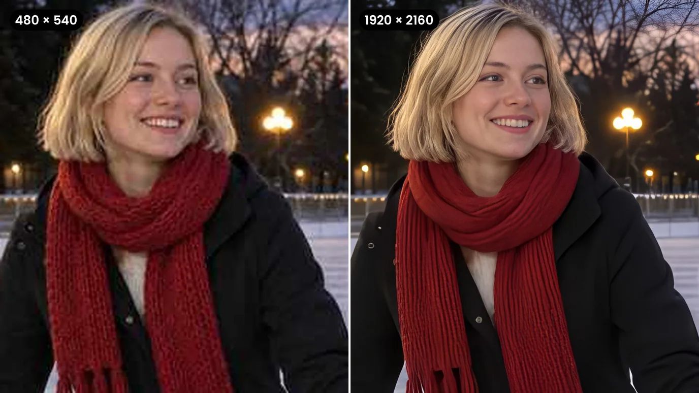 Before and after: a noisy, blocky evening photo of a young woman ice-skating under lamp posts, then clean and sharp.