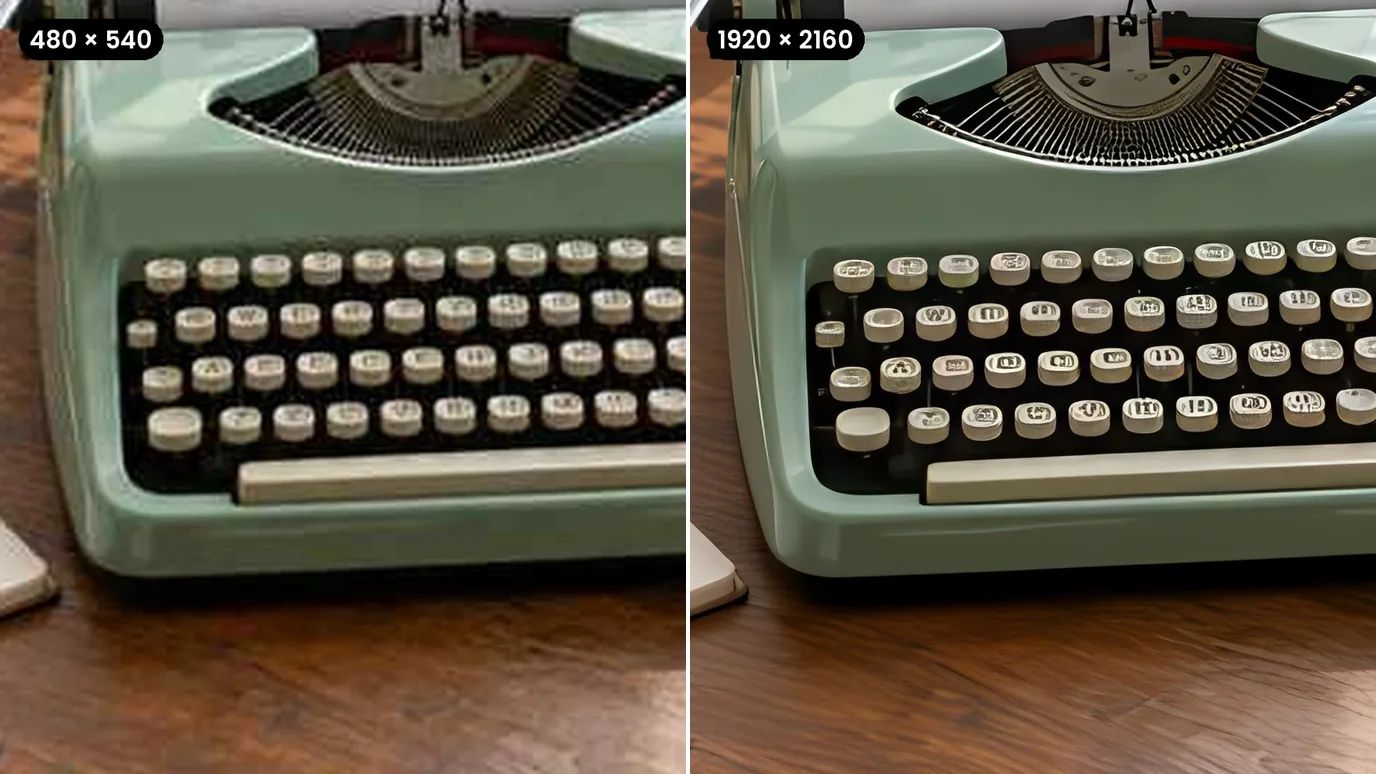 Before and after: a pixelated photo of a mint-green typewriter on a desk by a window, then the same scene sharp, with crisp keys.