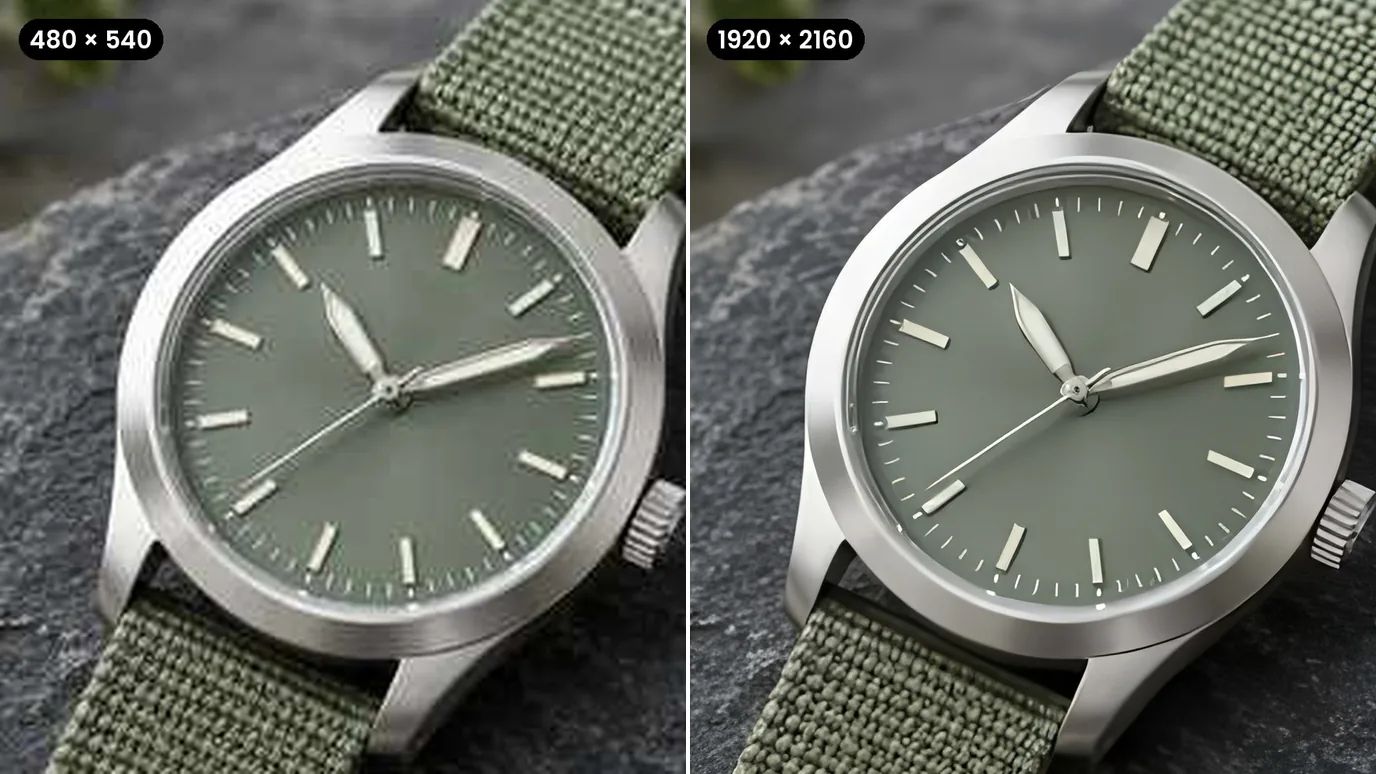 Before and after: a soft, compressed product photo of a wristwatch with a sage-green dial on slate, then sharp with a clear woven strap.