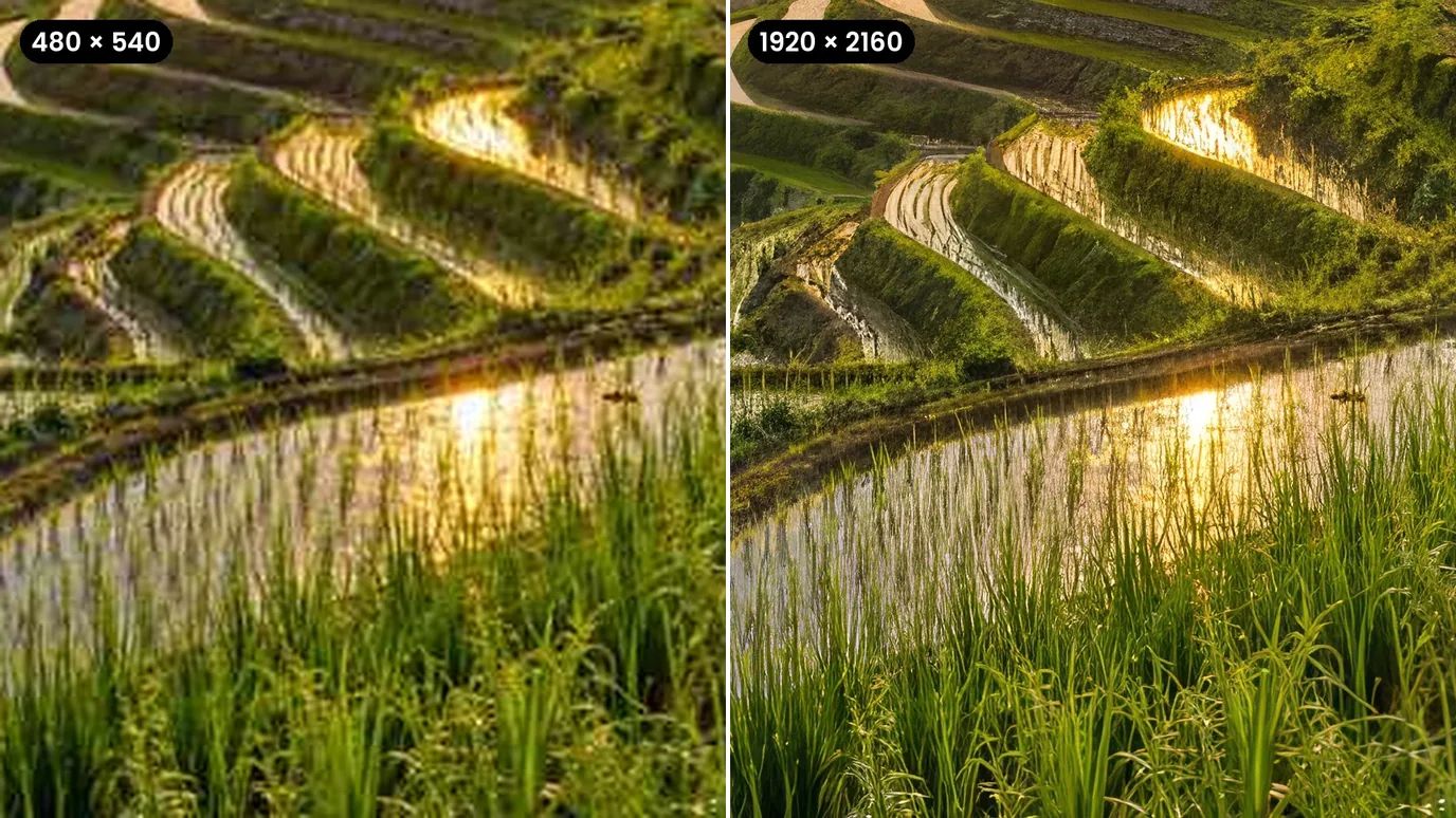 Before and after: a low-resolution photo of misty rice terraces at sunrise, then a crisp, detailed version ready for a 4K wallpaper.