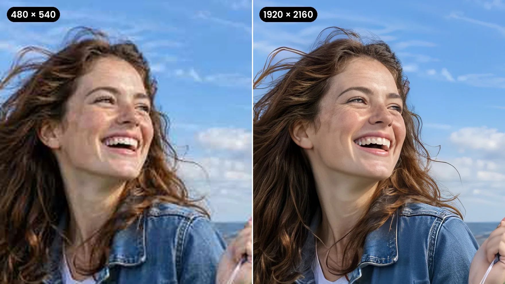 Before and after: a blurry, blocky photo of a young woman with chestnut hair flying a rainbow kite on a hilltop, then the same photo sharp and in HD.
