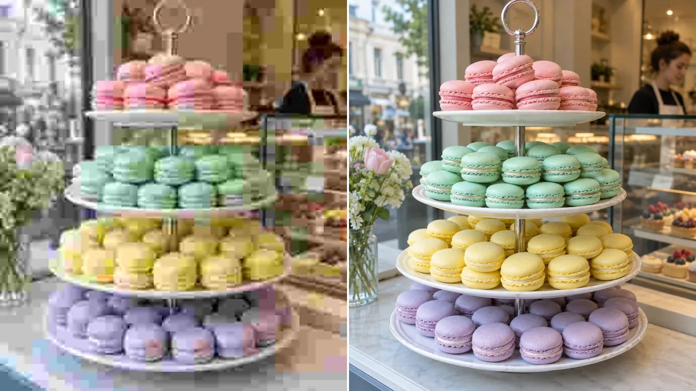 Før og efter: et plettet, komprimeret foto af farverige macarons i et bagerivindue, og derefter samme foto med rene, jævne farver uden farvebånd.