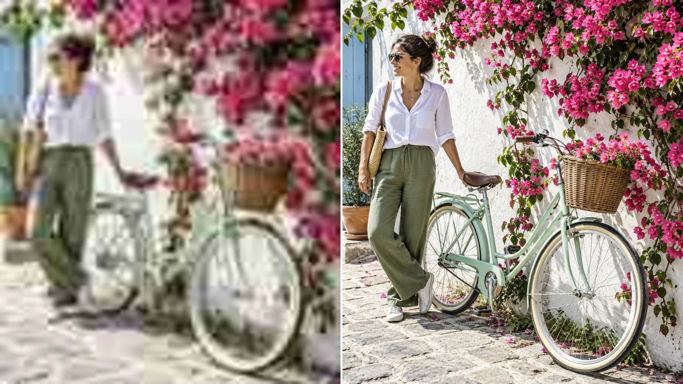 Før og efter: et lille, sløret foto af en cykel, der læner sig op ad en blomsterklædt mur, og derefter samme motiv større og skarpt med tydelige kronblade og eger.