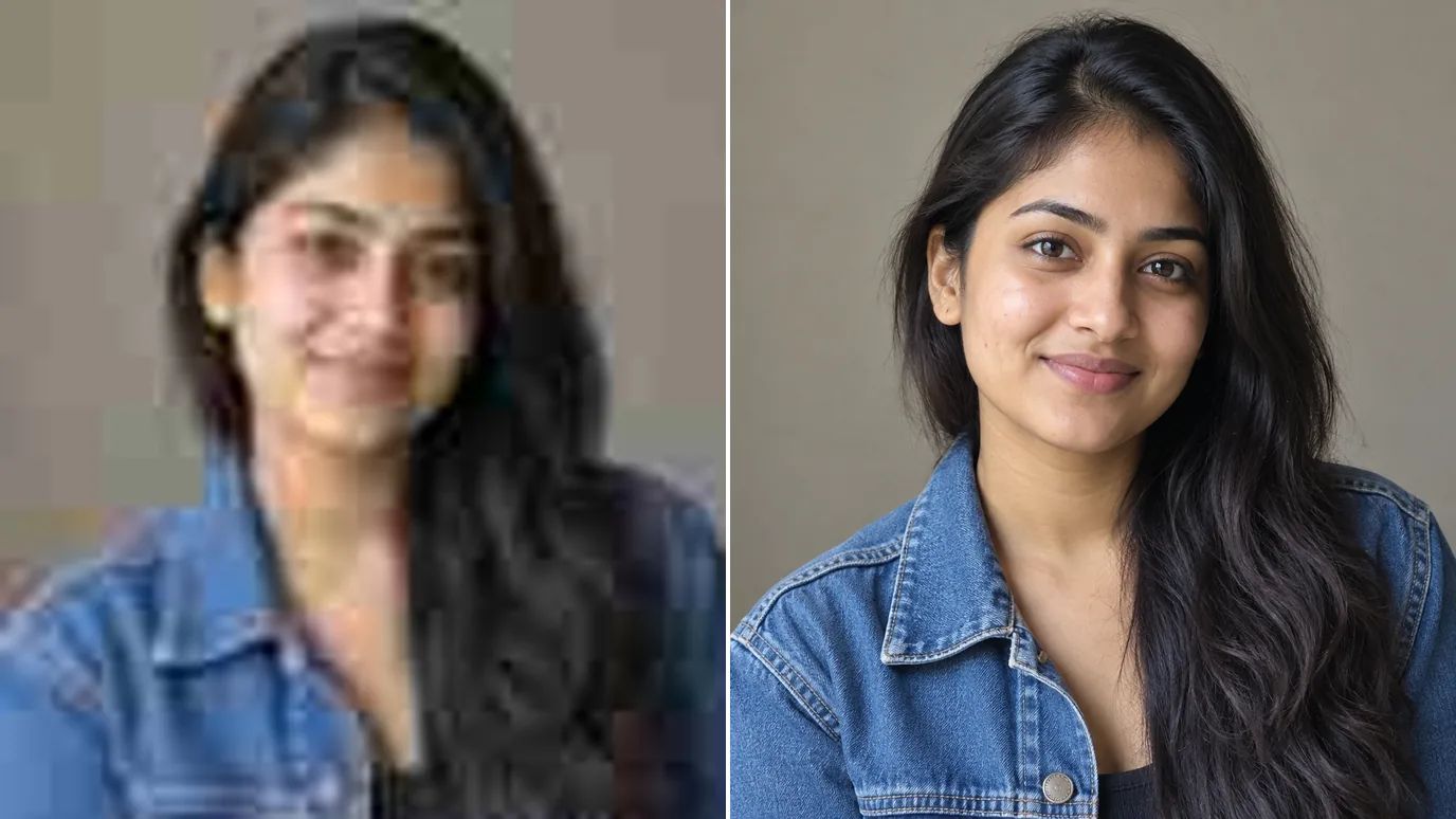 Før og efter: et blødt portrætfoto af en ung sydasiatisk kvinde i denimjakke, og derefter samme portræt med klare øjne, tydelige vipper og naturlig hud.