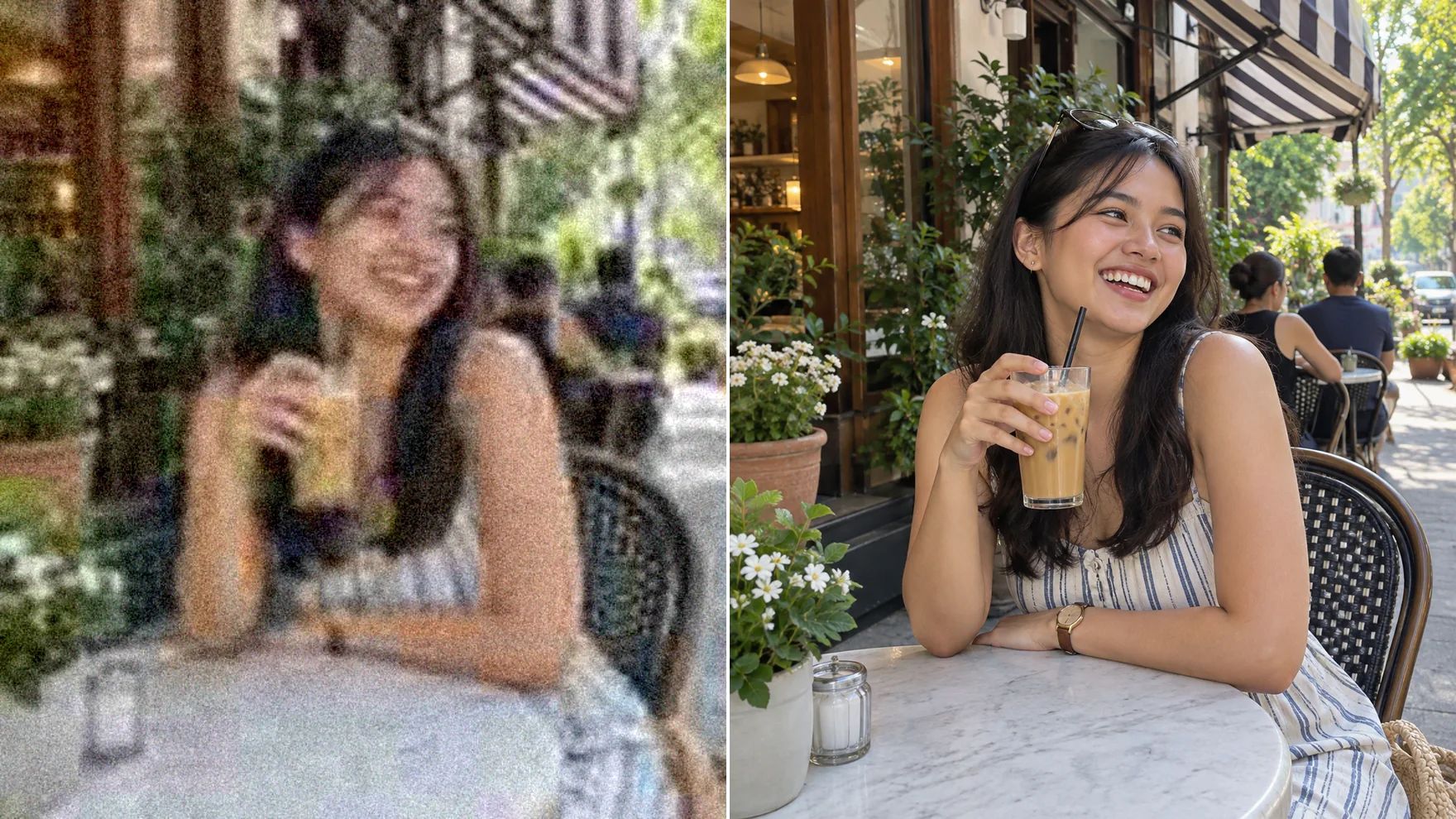 Før og efter: et blødt, støjfyldt foto af en ung kvinde, der griner ved et cafébord på gaden, og derefter samme foto med skarpe øjne, ren hudtekstur og skarpe detaljer i baggrunden.