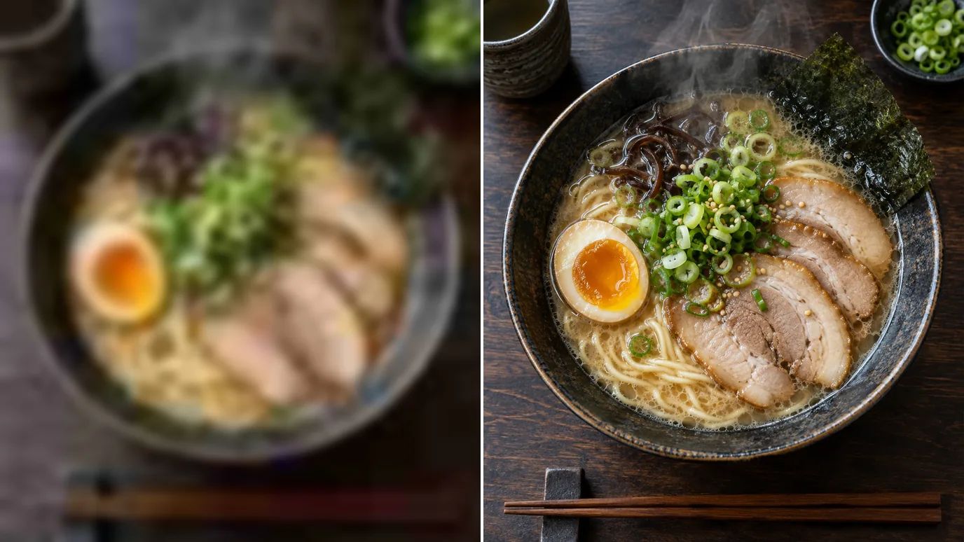 ビフォーアフター：ラーメンを写した、ぼんやりした低画質の写真と、麺も卵も湯気もシャープな同じラーメン