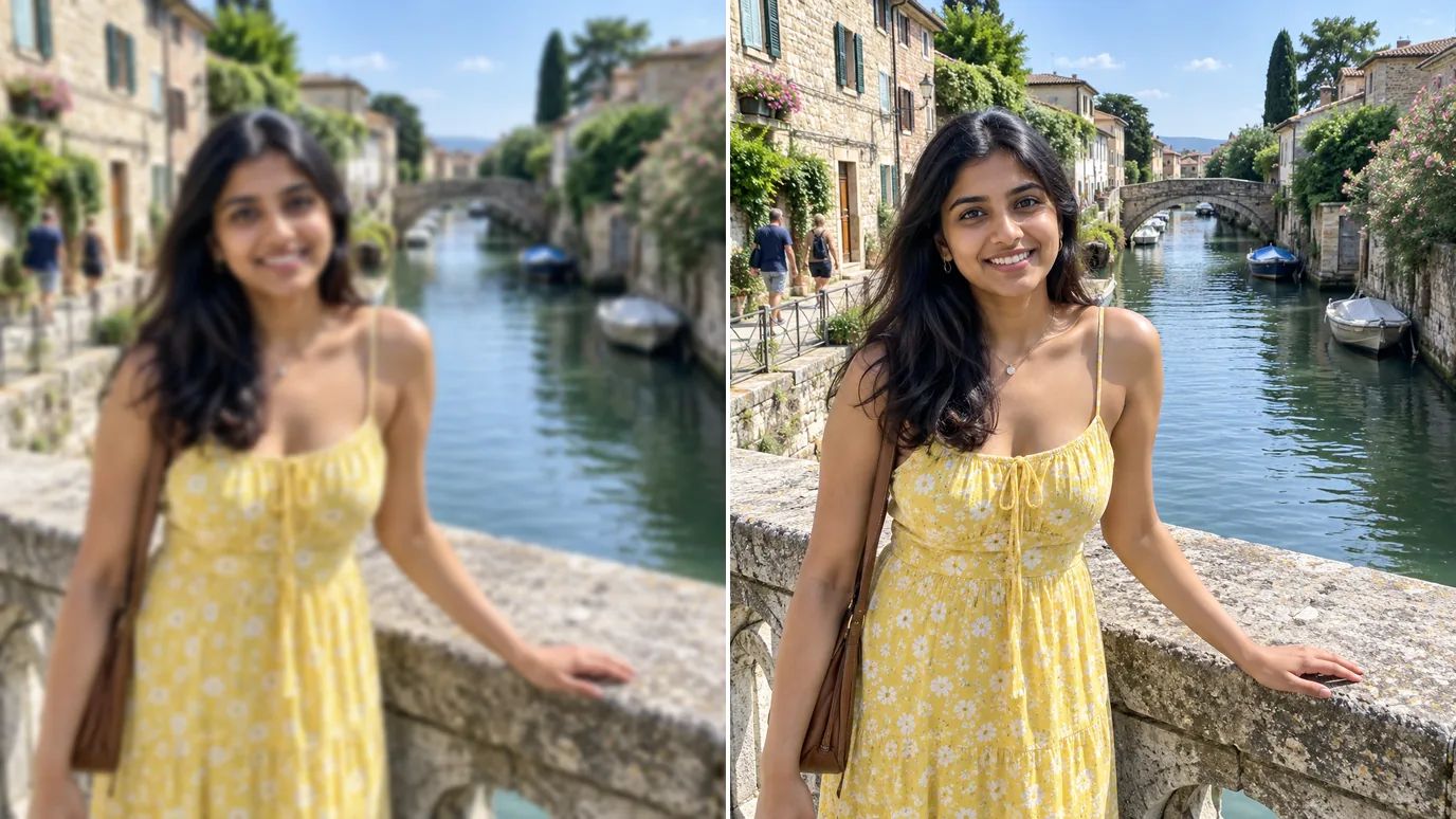 ビフォーアフター：石橋に立つ南アジア系の若い女性の、少しぼんやりした旅行写真と、石積みも顔立ちもくっきりした同じ写真