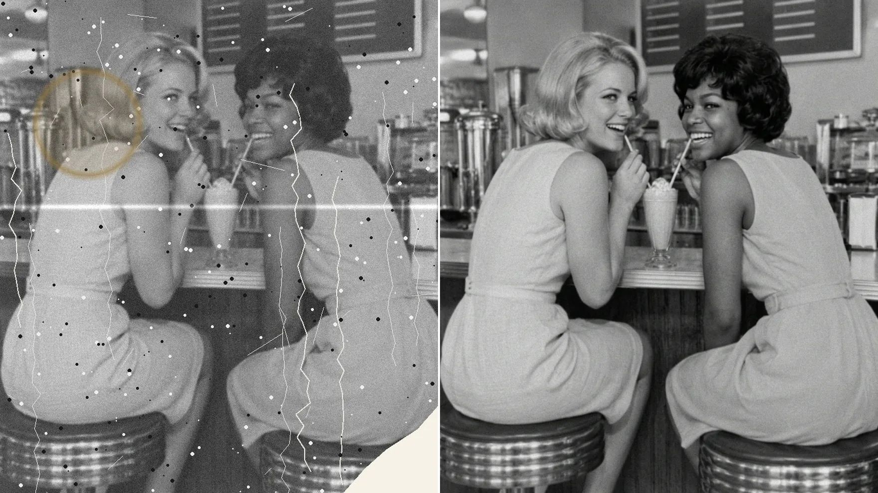 Before and after: a scratched, creased black-and-white photo of two young women sharing a milkshake at a 1960s soda fountain, then the same photo restored, clean and sharp.