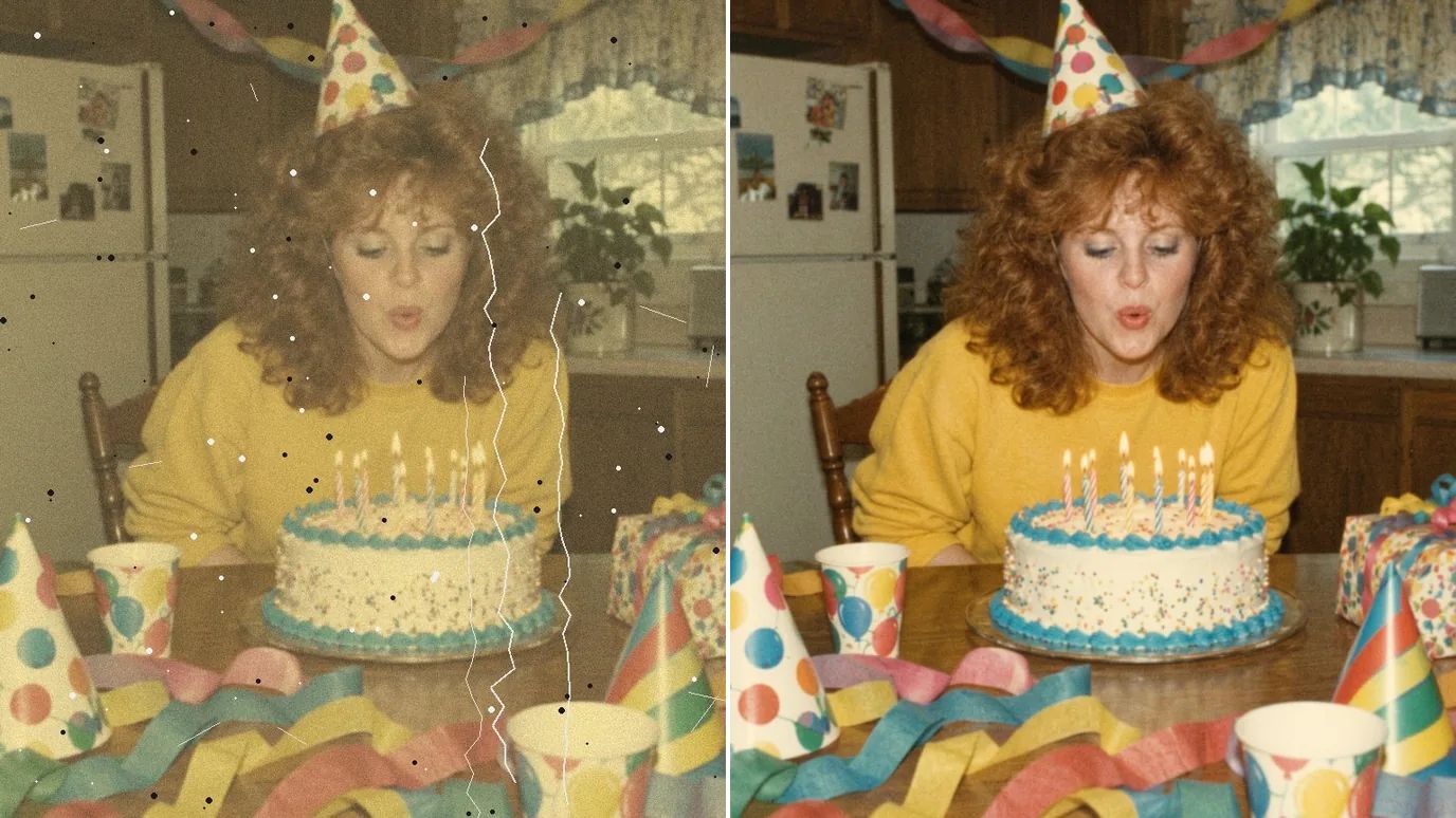 Before and after: a faded, yellowed 1980s snapshot of a young woman with curly red hair blowing out birthday candles, then restored with its bright colors back.