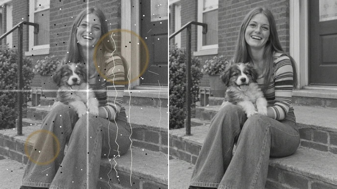Before and after: a 1970s black-and-white photo of a young woman holding a puppy on a brick stoop, crossed by fold lines and water stains, then restored without them.