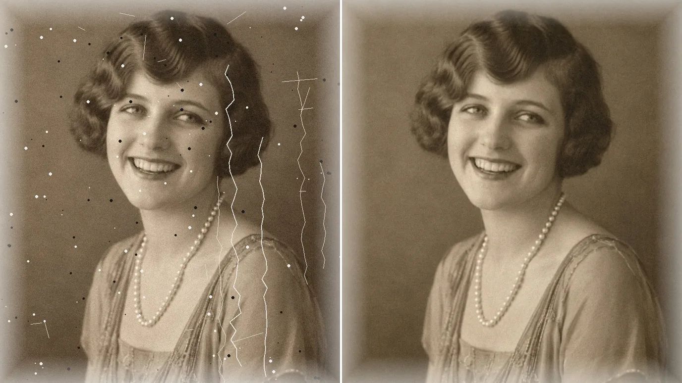 Before and after: a scratched 1920s sepia portrait of a laughing young woman in a pearl necklace, then restored with her face and smile unchanged.