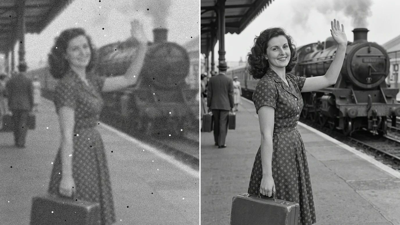 Before and after: a blurry, grainy 1950s photo of a young woman waving on a train platform, then restored sharp and clear.