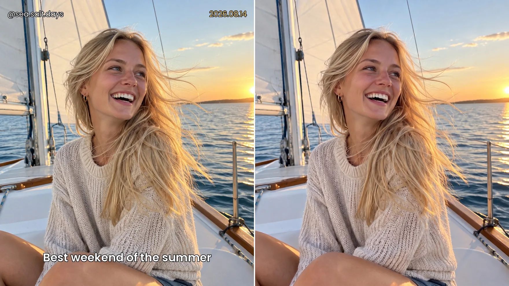 Before and after: a photo of a young woman laughing on a sailboat at sunset with a caption, a username and a date on it, then the same photo with all the text removed.