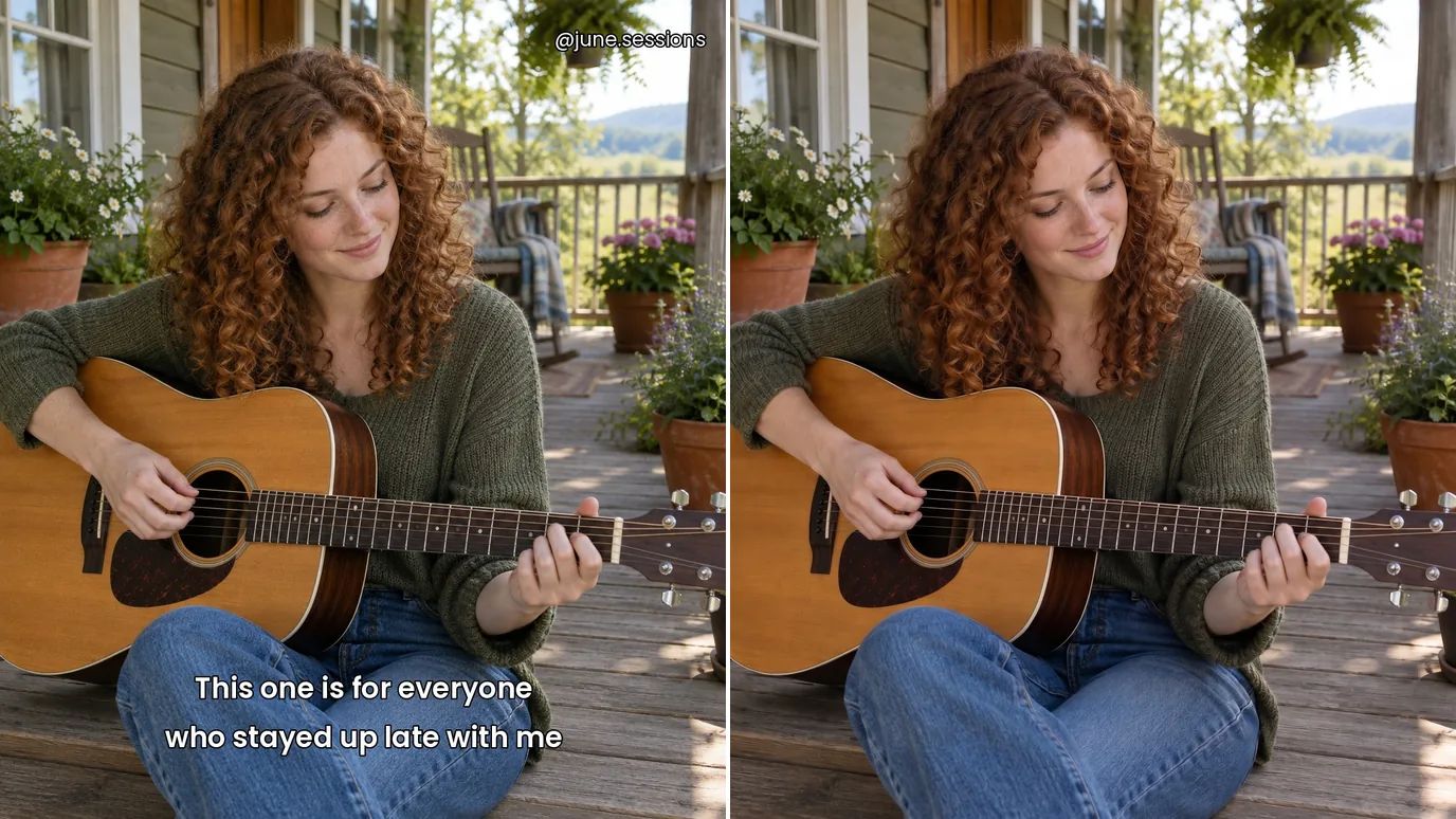Before and after: a video still of a young woman with curly red hair playing guitar on a porch with two lines of subtitles, then the same frame without them.