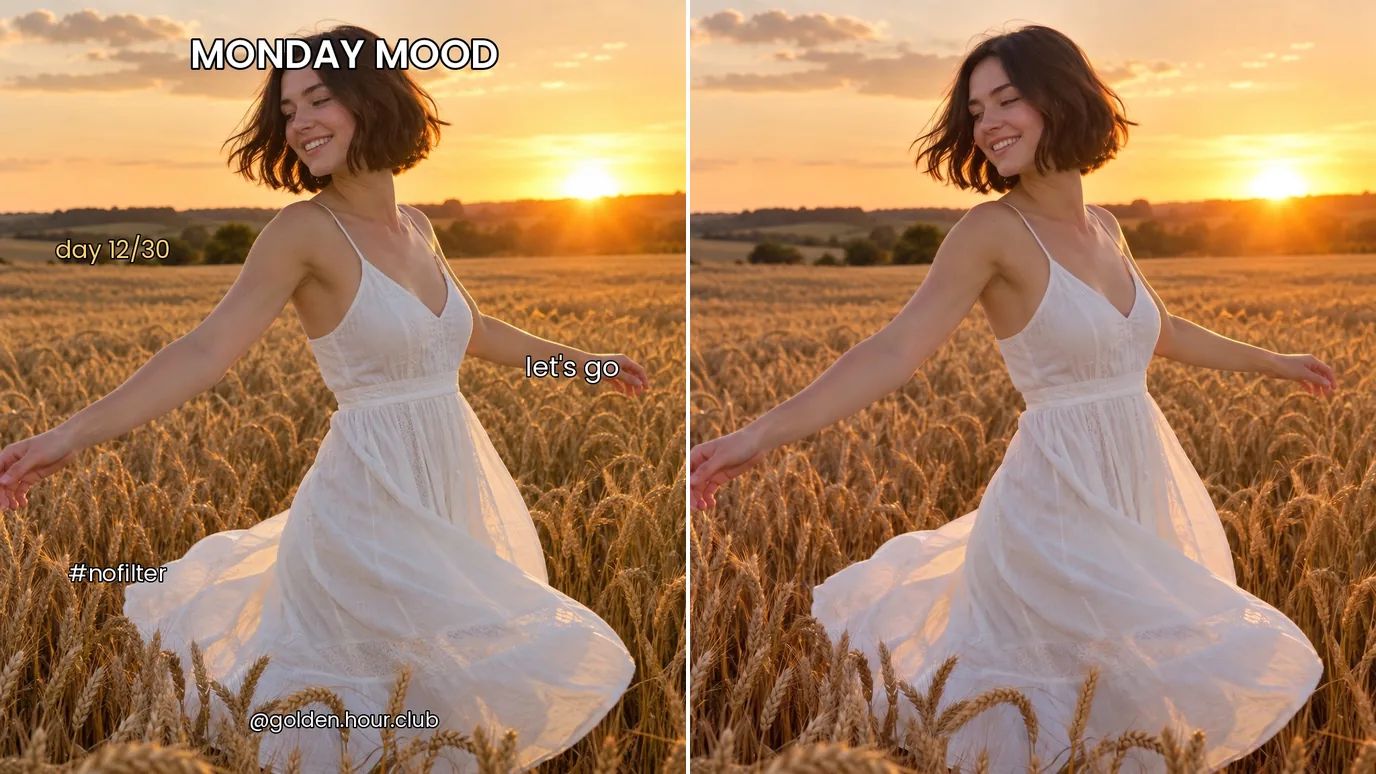 Before and after: a photo of a young woman twirling in a wheat field at sunset with five pieces of text scattered across it, then the same photo with all of them removed in one click.