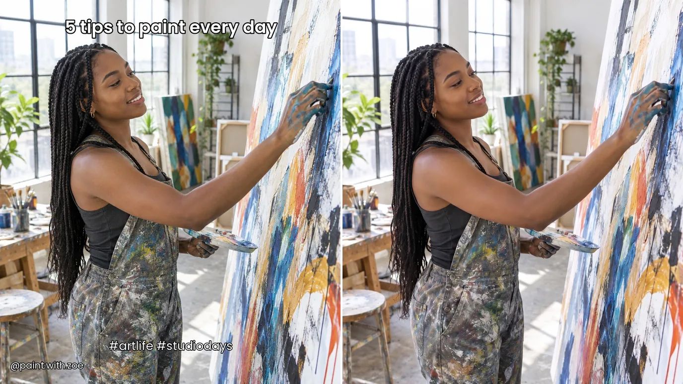 Before and after: a social post of a young woman painting a canvas with a headline, hashtags and a username on it, then the same image without the text.
