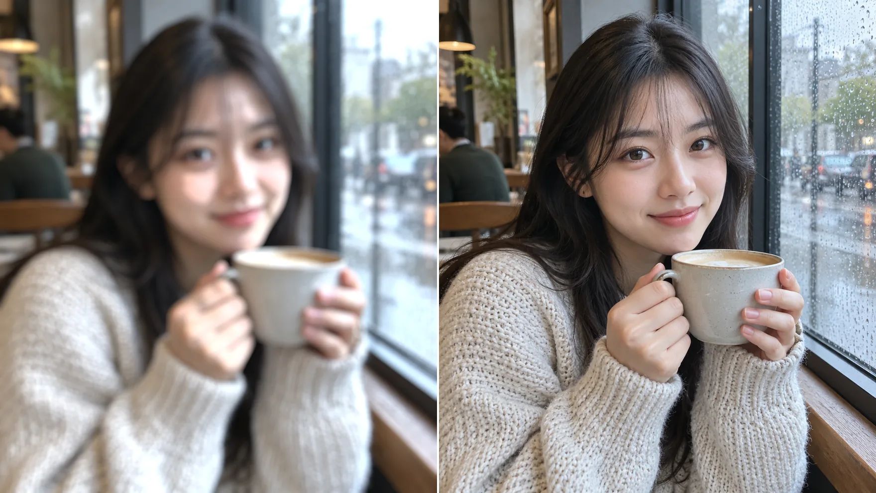 Prima e dopo: una foto fuori fuoco di una giovane donna dell'Asia orientale con una tazza di caffè vicino a una finestra bagnata dalla pioggia, poi la stessa foto perfettamente a fuoco.