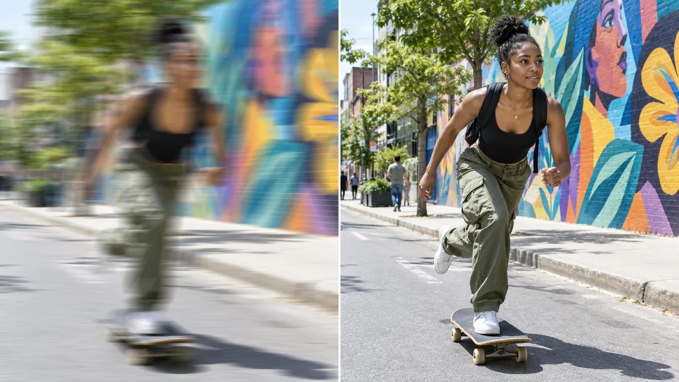 Prima e dopo: una foto mossa e piena di scie di una giovane donna nera in skateboard lungo una strada, poi lo stesso momento congelato e nitido.