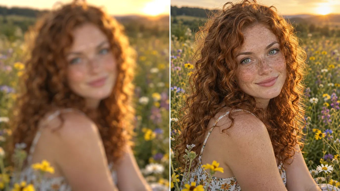 Prima e dopo: un ritratto sfocato di una giovane donna bianca dai capelli rossi e ricci in un prato di fiori selvatici, poi lo stesso ritratto con occhi e ricci nitidi.