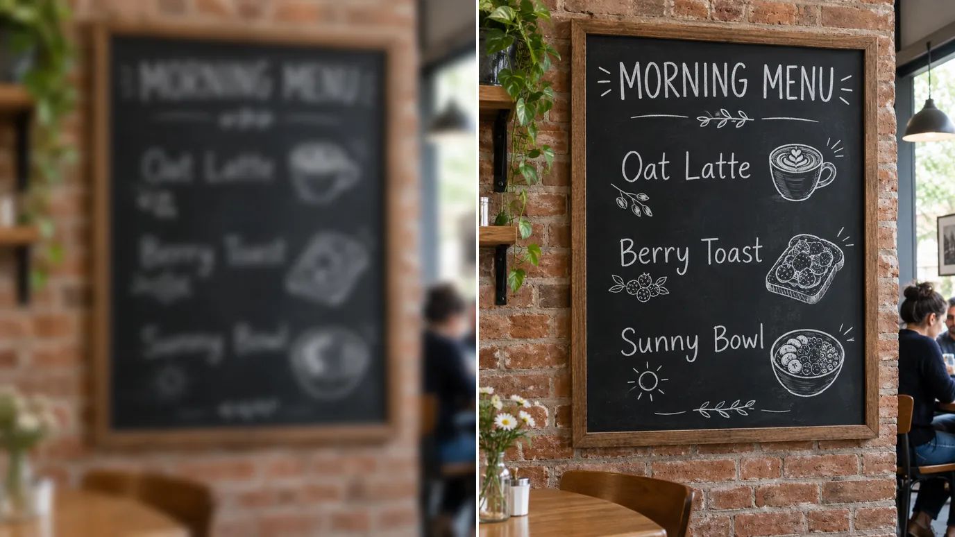 Prima e dopo: una foto sfocata del menu su lavagna di un caffè con nomi di piatti inventati, poi lo stesso menu nitido e leggibile.